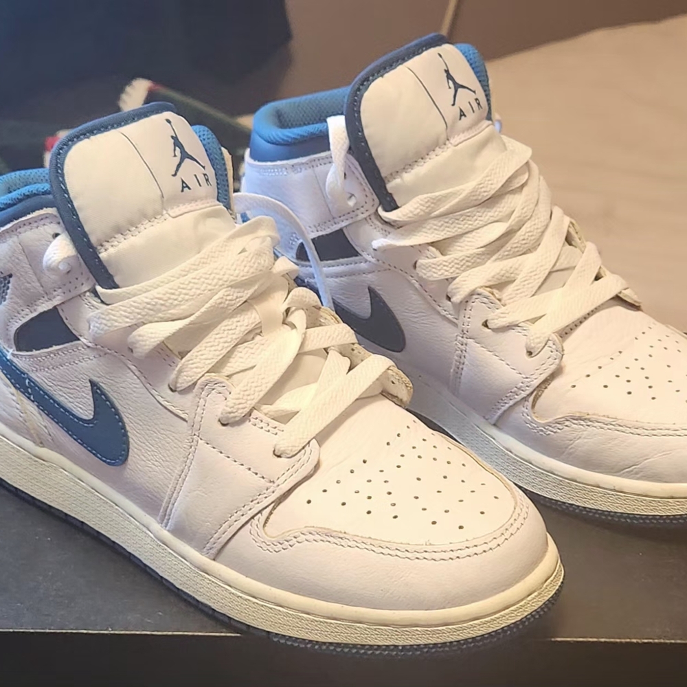 Nike Air Jordan 1 Mids Kids' White and Blue Sneakers Youth Size 5.5